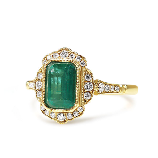 18ct Yellow Gold Emerald and Diamond Halo Ring