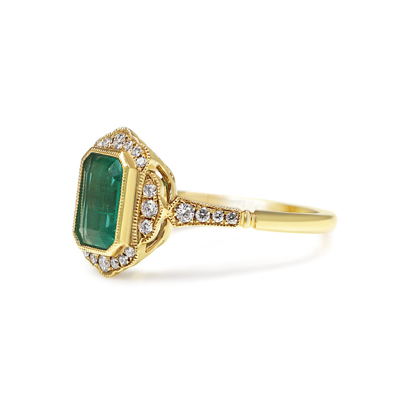 18ct Yellow Gold Emerald and Diamond Halo Ring