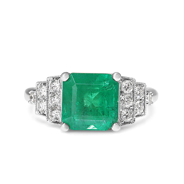 18ct White Gold Emerald and Diamond Step Down Ring