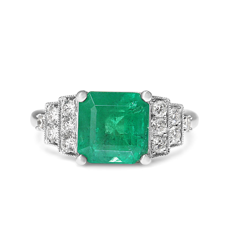 18ct White Gold Emerald and Diamond Step Down Ring