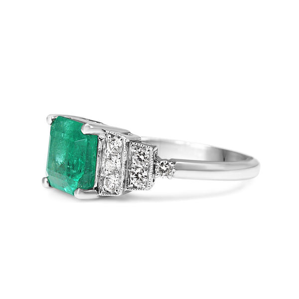 18ct White Gold Emerald and Diamond Step Down Ring