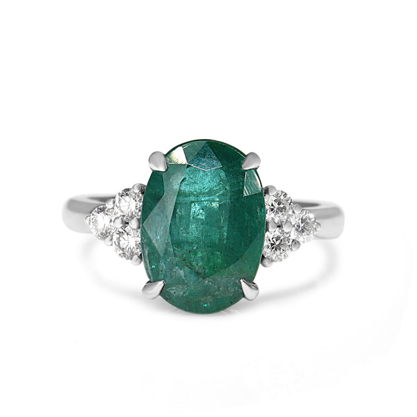 18ct White Gold Oval Emerald and Diamond Ring