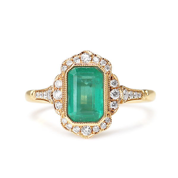 18ct Rose Gold Emerald and Diamond Halo Ring