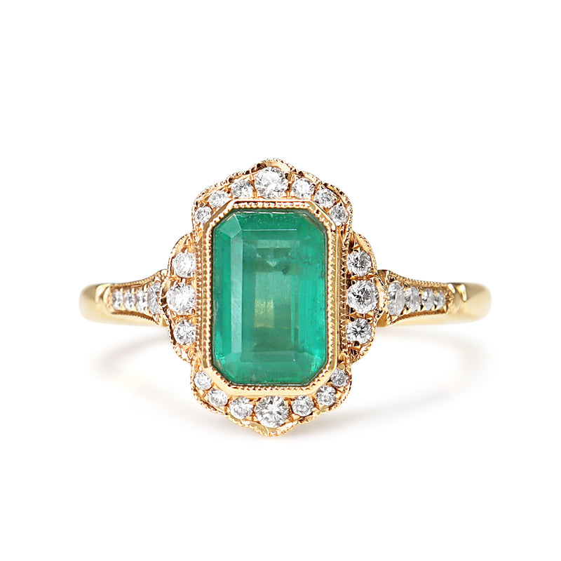 18ct Rose Gold Emerald and Diamond Halo Ring