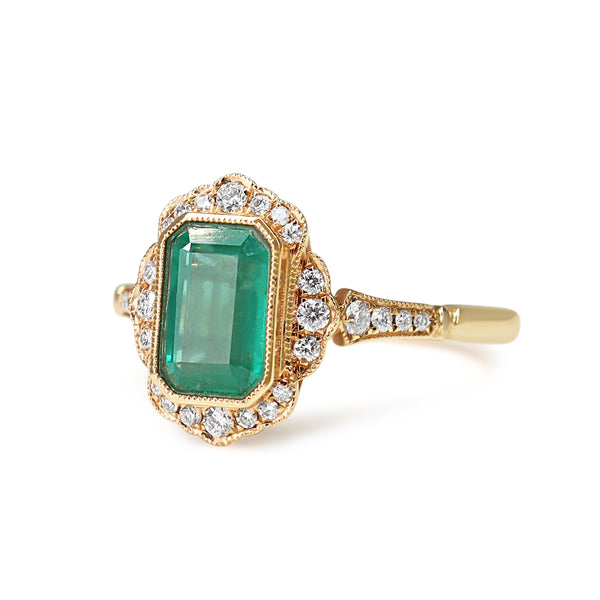 18ct Rose Gold Emerald and Diamond Halo Ring