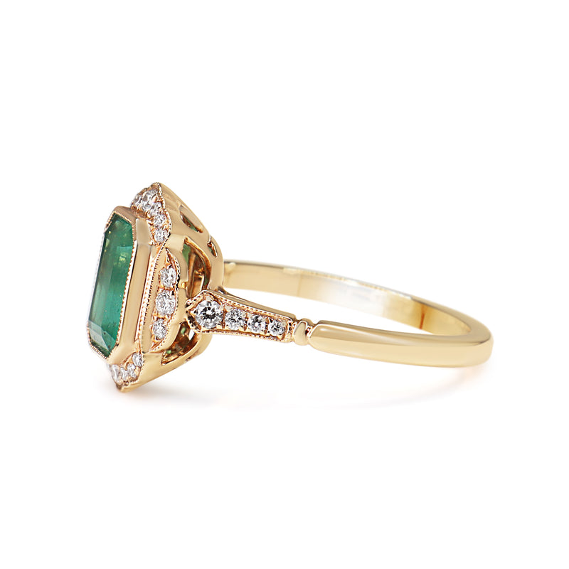 18ct Rose Gold Emerald and Diamond Halo Ring