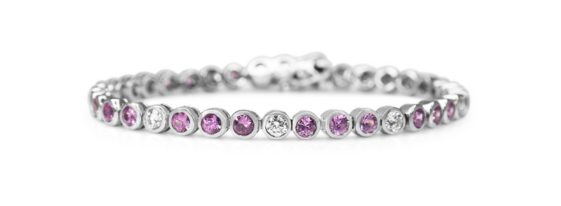 18ct White Gold Pink Sapphire and Diamond Bezel Tennis Bracelet