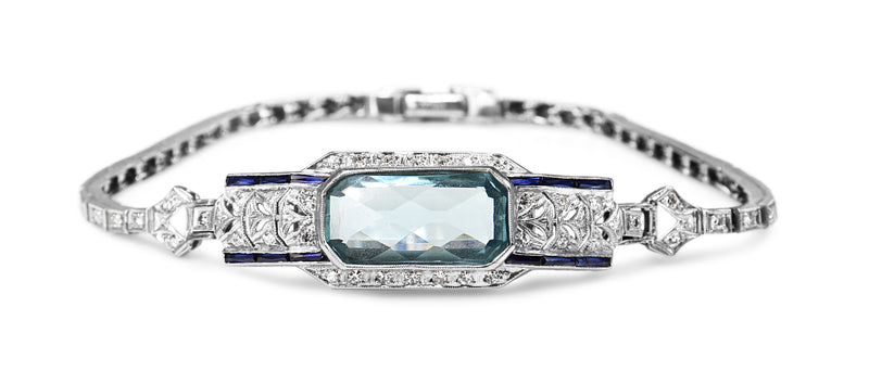 Palladium Art Deco Aquamarine, Sapphire and Single Cut Diamond Bracelet
