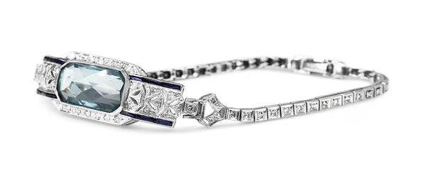 Palladium Art Deco Aquamarine, Sapphire and Single Cut Diamond Bracelet