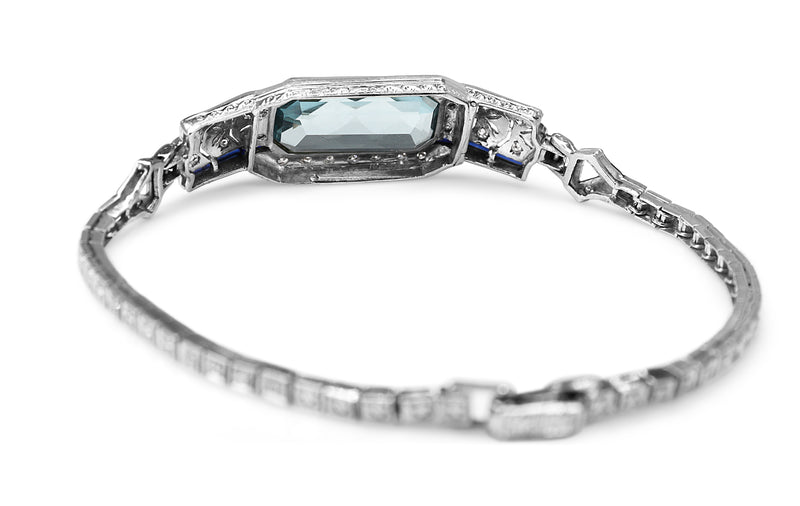 Palladium Art Deco Aquamarine, Sapphire and Single Cut Diamond Bracelet