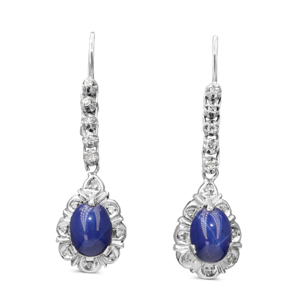 Palladium Linde Star Sapphire and Single Cut Diamond Drop Halo Earrings