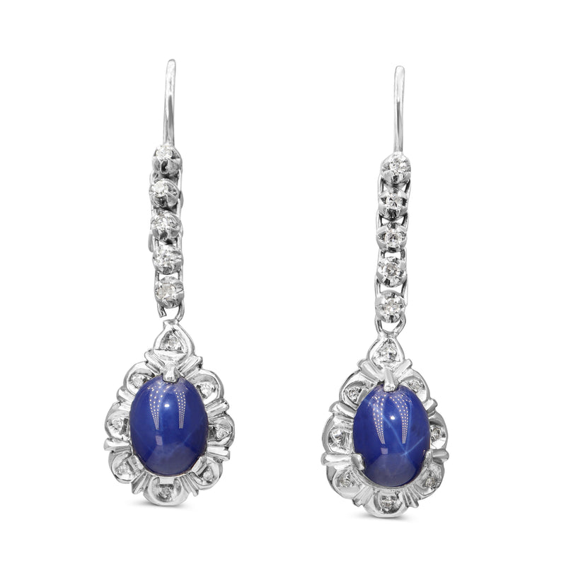 Palladium Linde Star Sapphire and Single Cut Diamond Drop Halo Earrings