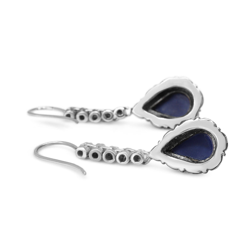 Palladium Linde Star Sapphire and Single Cut Diamond Drop Halo Earrings