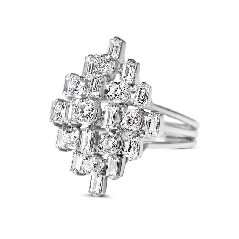 14ct White Gold Baguette and Round Diamond Cocktail Ring