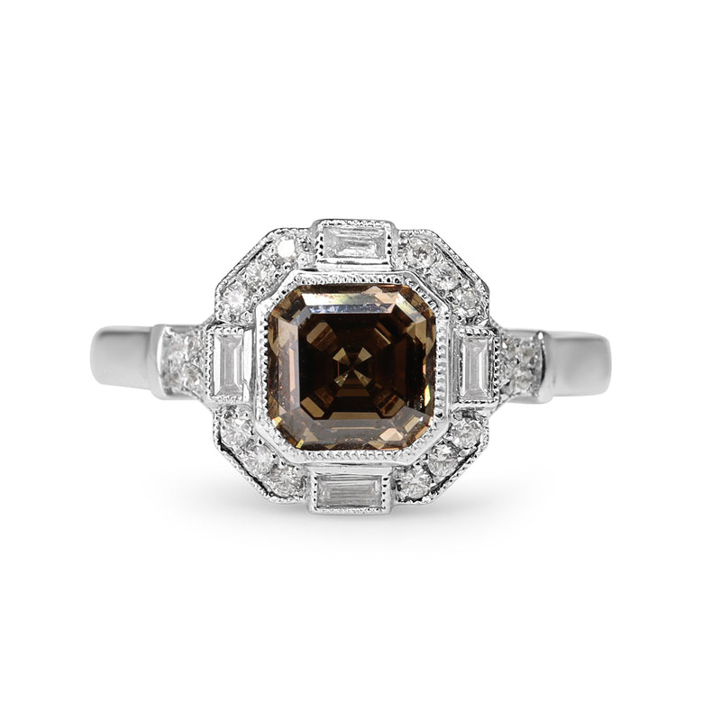 18ct White Gold Champagne Asscher Diamond Halo Ring in Art Deco Style