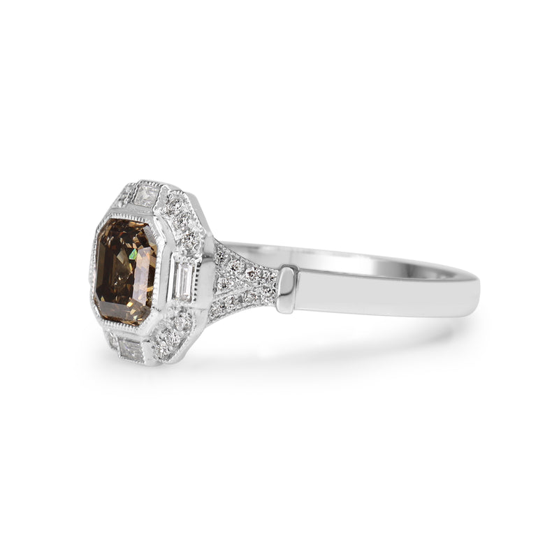 18ct White Gold Champagne Asscher Diamond Halo Ring in Art Deco Style