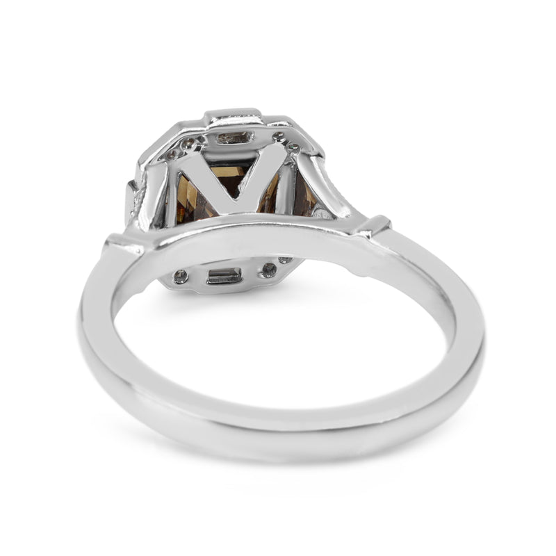 18ct White Gold Champagne Asscher Diamond Halo Ring in Art Deco Style