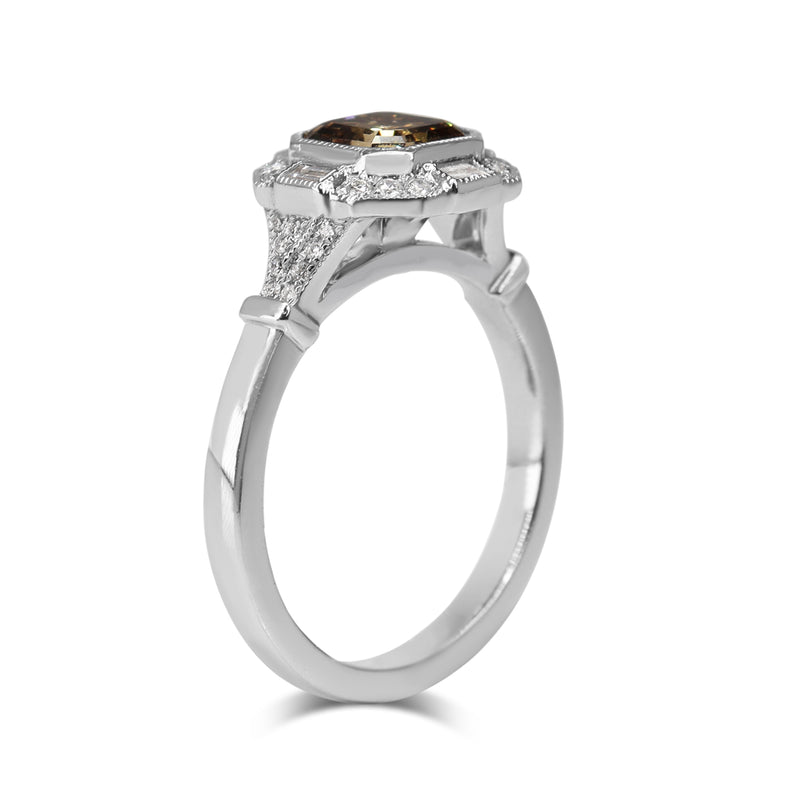 18ct White Gold Champagne Asscher Diamond Halo Ring in Art Deco Style