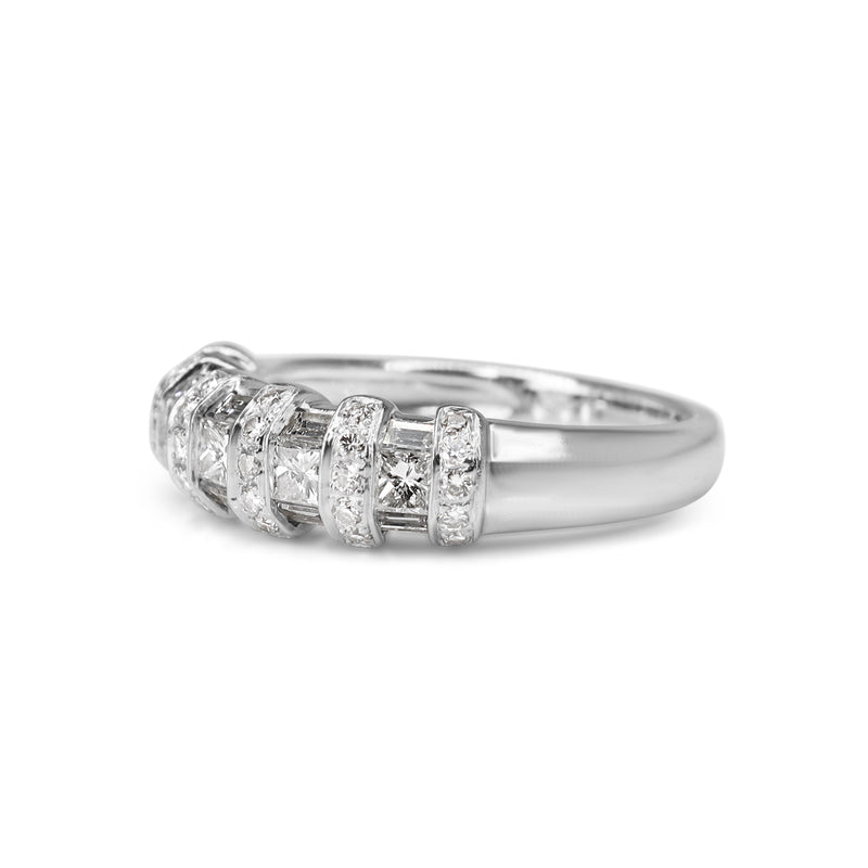 14ct White Gold Princess, Baguette and Brilliant Cut Diamond Band Ring