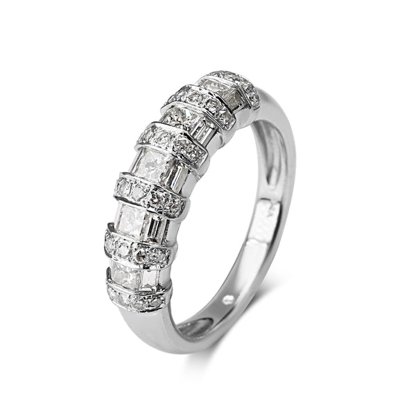 14ct White Gold Princess, Baguette and Brilliant Cut Diamond Band Ring
