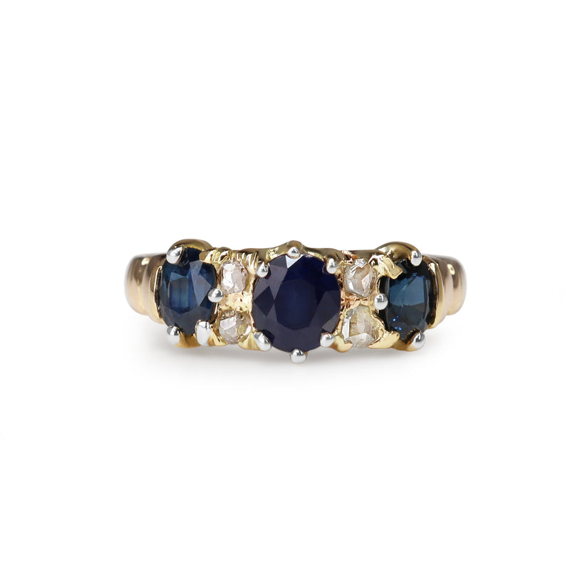 15ct Yellow Gold Antique Sapphire and Rose Cut Diamond Ring