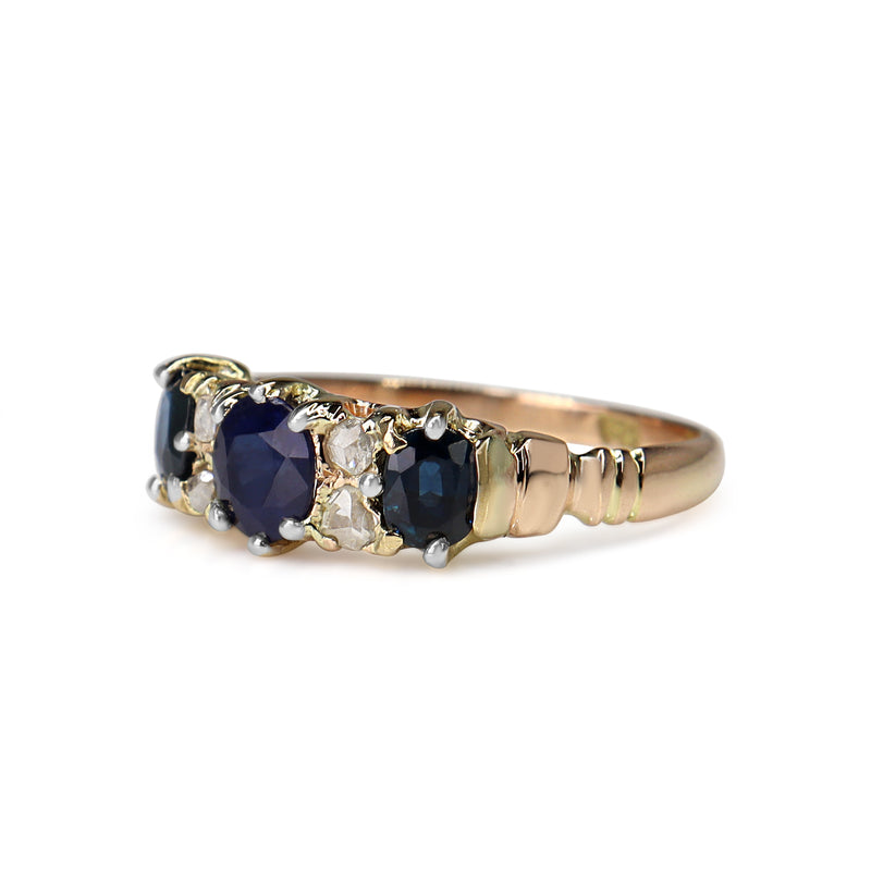 15ct Yellow Gold Antique Sapphire and Rose Cut Diamond Ring