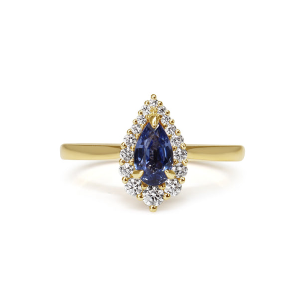 18ct Yellow Gold Pear Sapphire Graduated Halo Ring