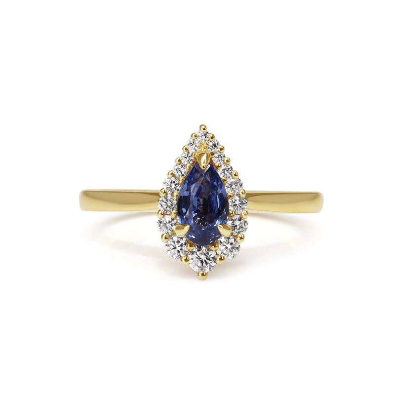 18ct Yellow Gold Pear Sapphire Graduated Halo Ring