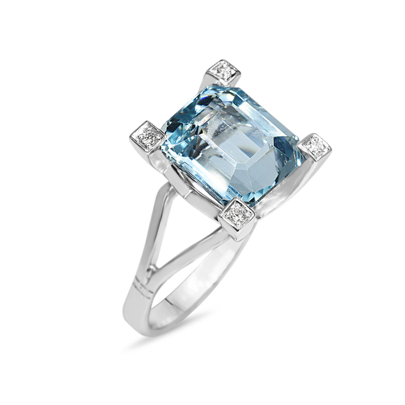 18ct White Gold Emerald Cut Aquamarine and Diamond Claw Cocktail Ring