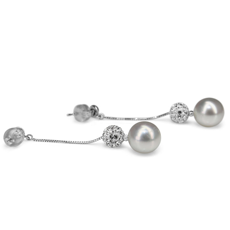 14ct White Gold 9.3mm South Sea Pearls and Crystal Earrings