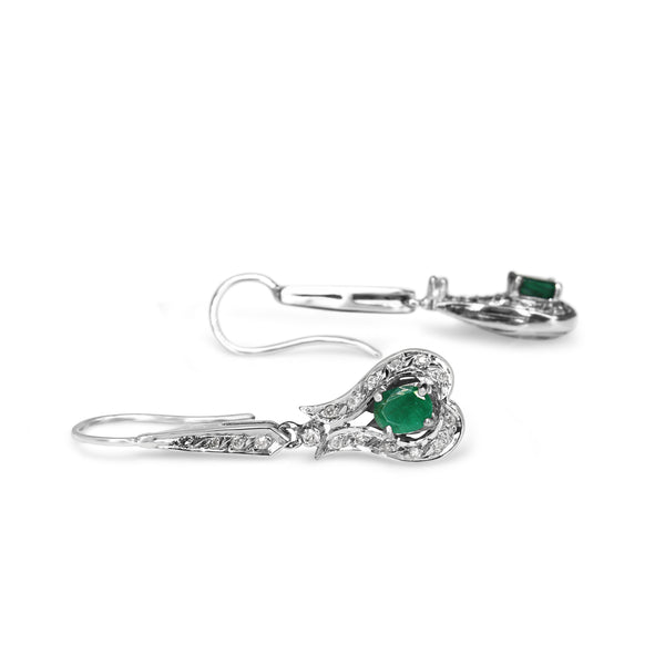 Palladium Emerald and Single Cut Diamond Deco Earrings