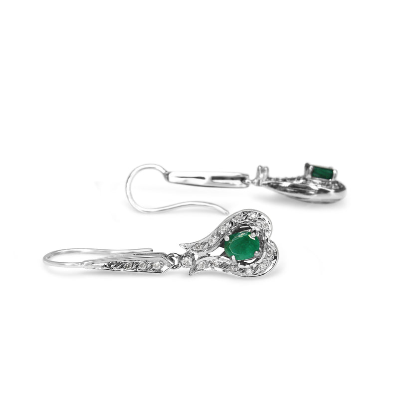 Palladium Emerald and Single Cut Diamond Deco Earrings