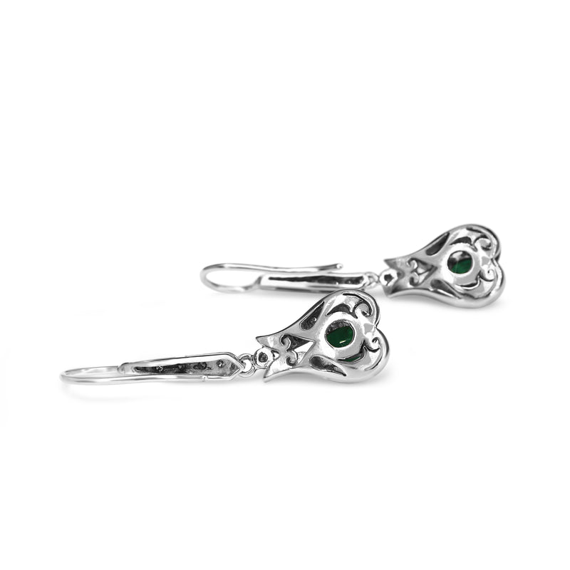 Palladium Emerald and Single Cut Diamond Deco Earrings