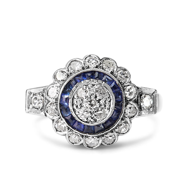 Palladium Art Deco Sapphire and Old Cut Diamond Ring