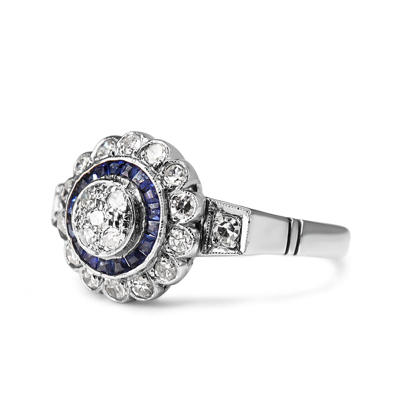 Palladium Art Deco Sapphire and Old Cut Diamond Ring