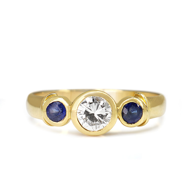 18ct Yellow Gold Sapphire and Diamond Bezel 3 Stone Ring