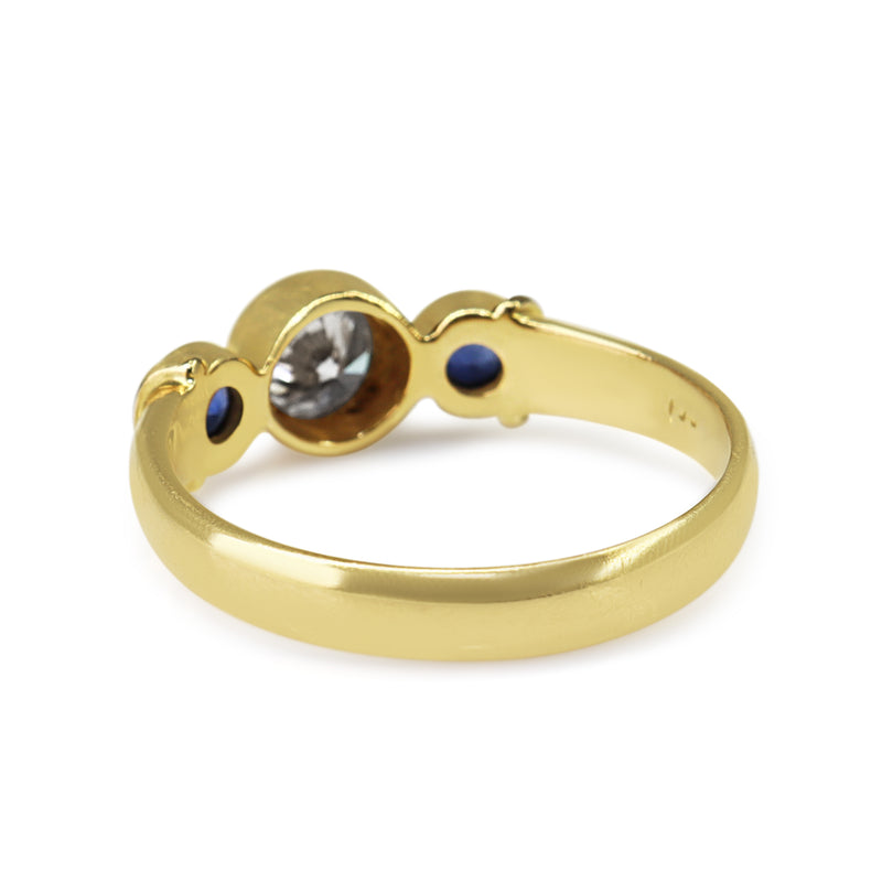 18ct Yellow Gold Sapphire and Diamond Bezel 3 Stone Ring