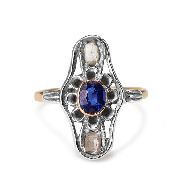 18ct Yellow and White Gold Antique Sapphire and Rose Cut Diamond Ring