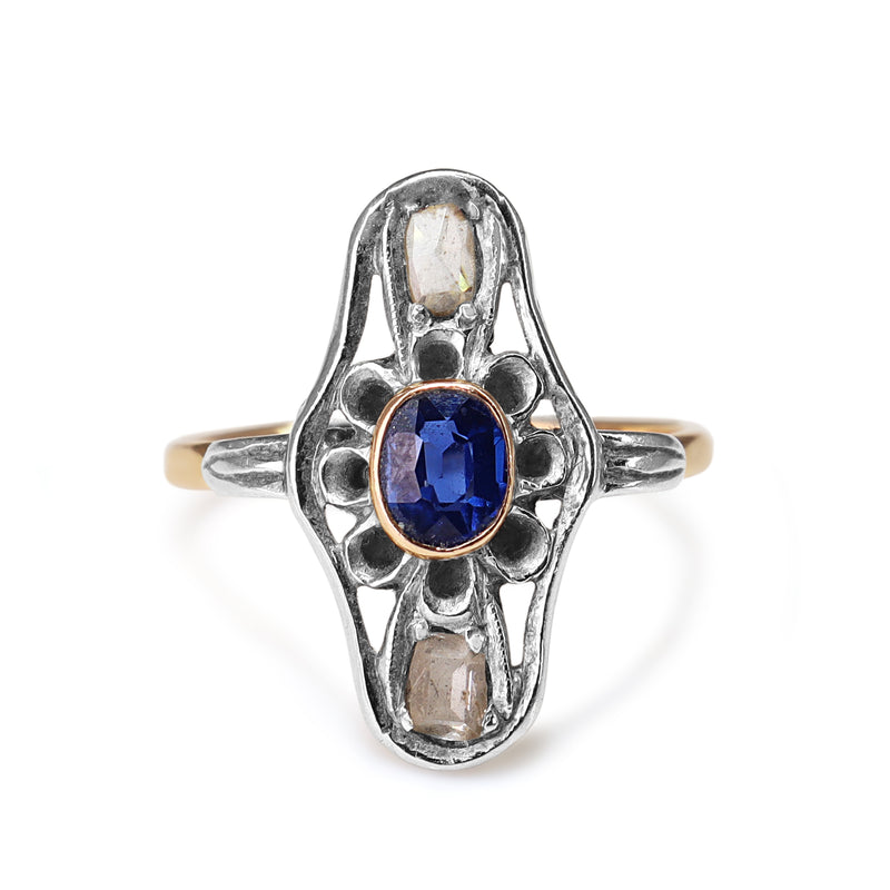 18ct Yellow and White Gold Antique Sapphire and Rose Cut Diamond Ring