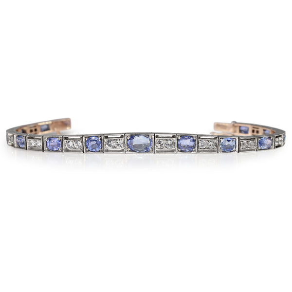 Silver Art Deco White and Blue Sapphire Bracelet