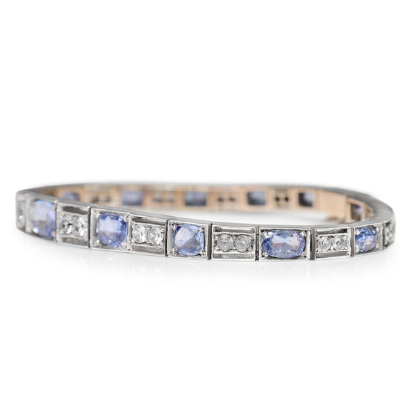 Silver Art Deco White and Blue Sapphire Bracelet