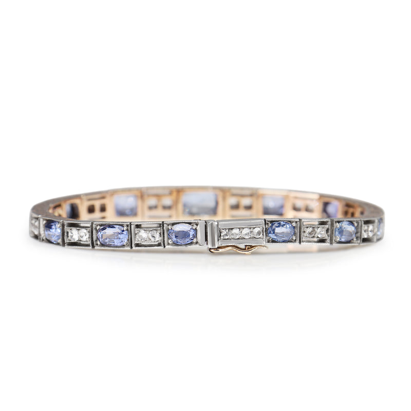 Silver Art Deco White and Blue Sapphire Bracelet