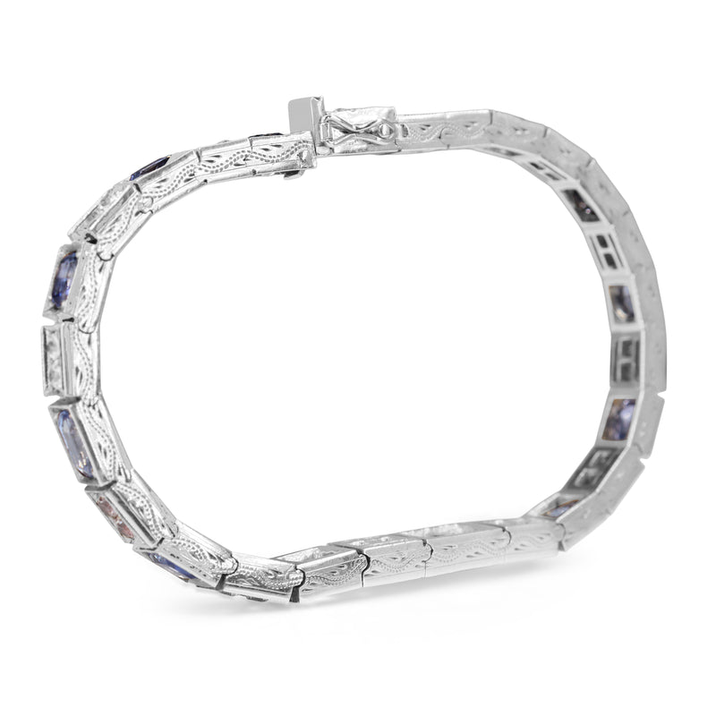 Silver Art Deco White and Blue Sapphire Bracelet