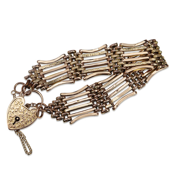 9ct Rose Gold Gate Link Bracelet with Etched Links and Padlock Clasp