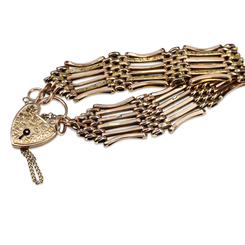 9ct Rose Gold Gate Link Bracelet with Etched Links and Padlock Clasp
