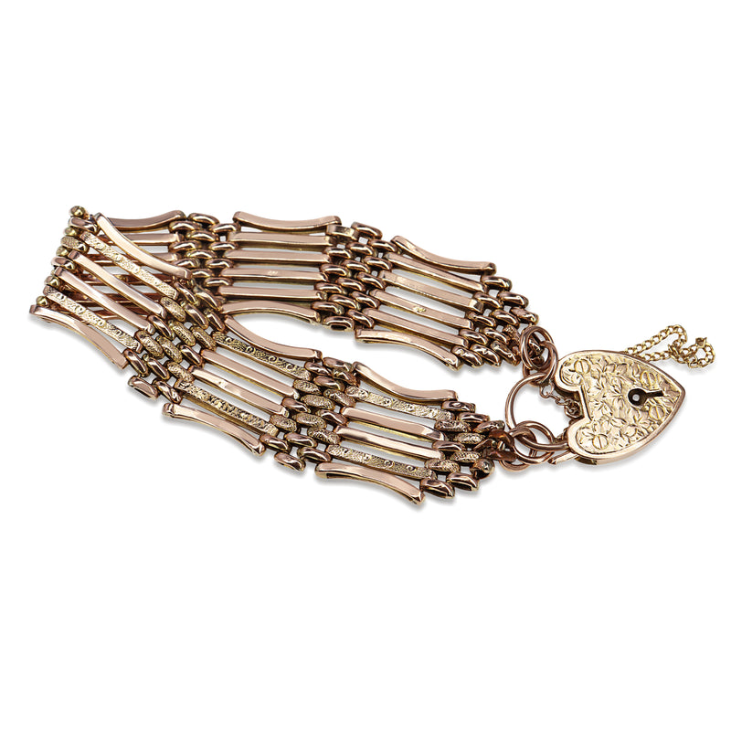 9ct Rose Gold Gate Link Bracelet with Etched Links and Padlock Clasp