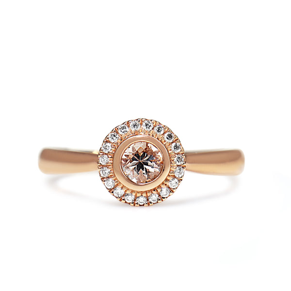 9ct Rose Gold Morganite Diamond Halo Ring