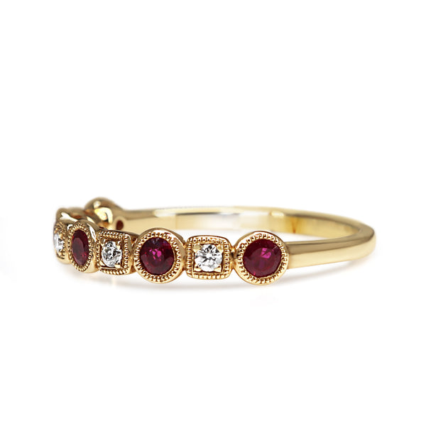 9ct Yellow Gold Ruby and Diamond Vintage Style Band Ring