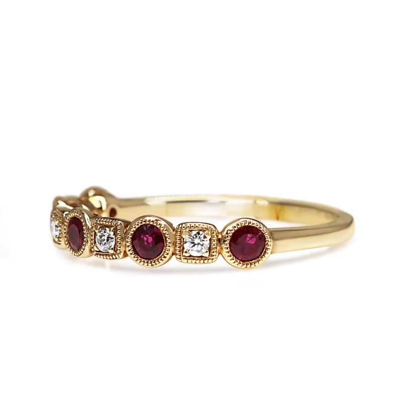 9ct Yellow Gold Ruby and Diamond Vintage Style Band Ring