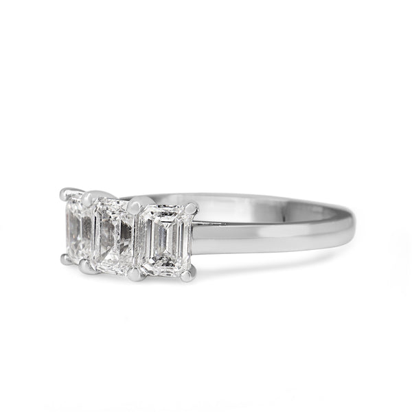 18ct White Gold 1.66ct Emerald Cut Diamond 3 Stone Ring
